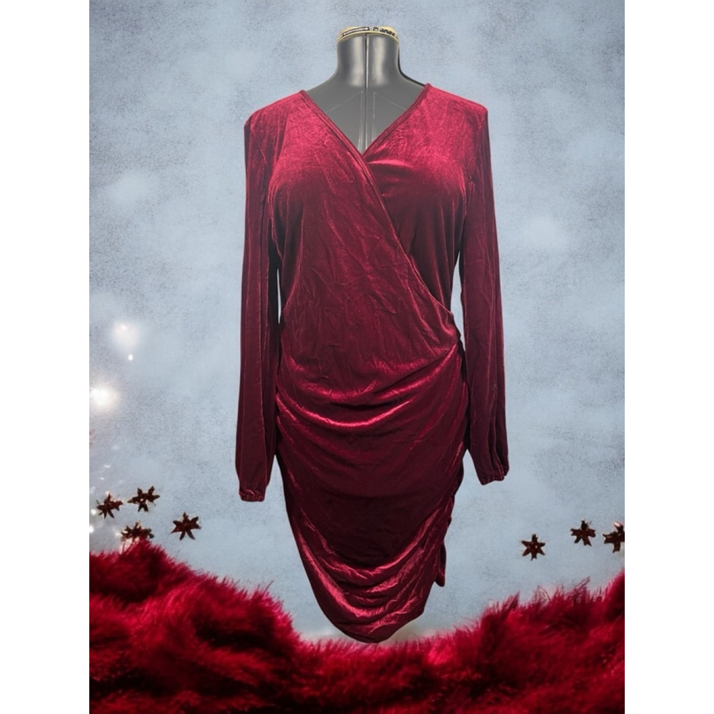 2XL Burgundy Velvety Velour long sleeve V-Neck Knee length midi dress ruching